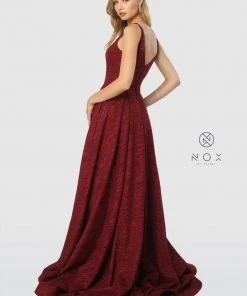 Prom Long V-Neck Glitter Dress With Pleated A-line Skirt By Nox Anabel R218