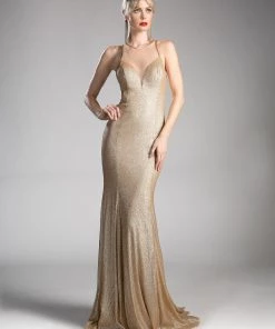 Long Fitted Metallic Glitter Dress By Cinderella Divine 13259 Prom