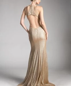 Long Fitted Metallic Glitter Dress By Cinderella Divine 13259 Prom