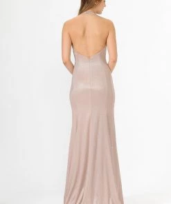 Prom Long V-Neck Glitter Halter Dress With Open Back By Poly USA 8384