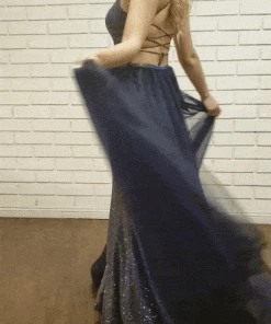 Prom Long V-Neck Glitter Halter Dress With Open Back By Poly USA 8384