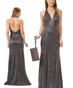 Prom Long V-Neck Glitter Halter Dress With Open Back By Poly USA 8384