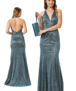Prom Long V-Neck Glitter Halter Dress With Open Back By Poly USA 8384