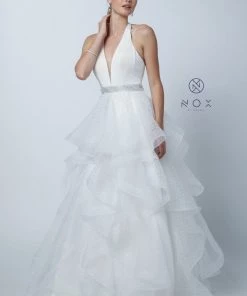 Long V-Neck Halter Dress With Dotted Tiered Skirt By Nox Anabel T256 33 Long V-Neck Halter Dress With Dotted Tiered Skirt By Nox Anabel T256