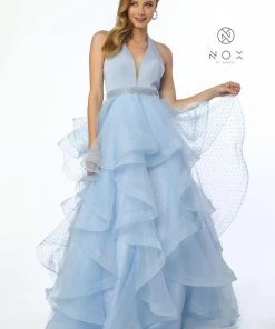 Long V-Neck Halter Dress With Dotted Tiered Skirt By Nox Anabel T256 26 Long V-Neck Halter Dress With Dotted Tiered Skirt By Nox Anabel T256