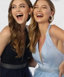 Long V-Neck Halter Dress With Dotted Tiered Skirt By Nox Anabel T256 32 Long V-Neck Halter Dress With Dotted Tiered Skirt By Nox Anabel T256