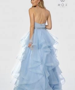 Long V-Neck Halter Dress With Dotted Tiered Skirt By Nox Anabel T256 27 Long V-Neck Halter Dress With Dotted Tiered Skirt By Nox Anabel T256