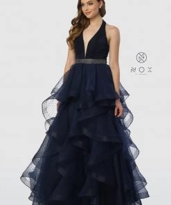 Long V-Neck Halter Dress With Dotted Tiered Skirt By Nox Anabel T256 28 Long V-Neck Halter Dress With Dotted Tiered Skirt By Nox Anabel T256