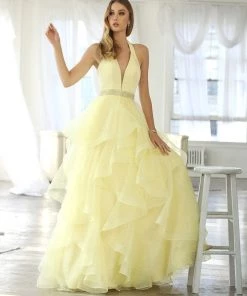 Long V-Neck Halter Dress With Dotted Tiered Skirt By Nox Anabel T256