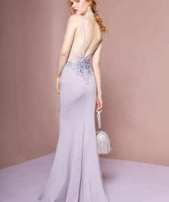 Long V-Neck Jersey Dress With Strappy Back By Elizabeth K GL2696 Prom