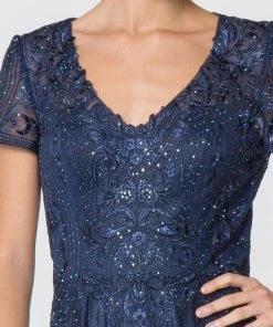 Long V-Neck Lace Bodice Dress With Short Sleeves By Elizabeth K GL2829