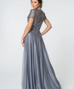 Long V-Neck Lace Bodice Dress With Short Sleeves By Elizabeth K GL2829