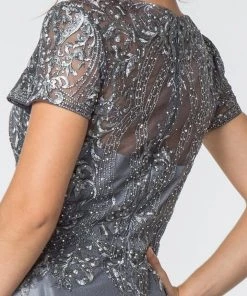 Long V-Neck Lace Bodice Dress With Short Sleeves By Elizabeth K GL2829