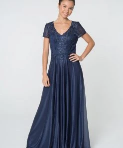 Long V-Neck Lace Bodice Dress With Short Sleeves By Elizabeth K GL2829