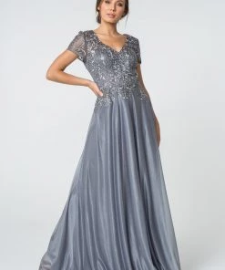 Long V-Neck Lace Bodice Dress With Short Sleeves By Elizabeth K GL2829