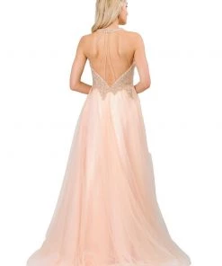 Long V-Neck Mesh Dress With Beaded Bodice By Poly USA 8412 9 Long V-Neck Mesh Dress With Beaded Bodice By Poly USA 8412