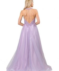 Long V-Neck Mesh Dress With Beaded Bodice By Poly USA 8412