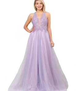 Long V-Neck Mesh Dress With Beaded Bodice By Poly USA 8412