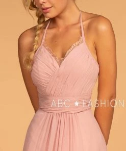 Long V-Neck Pleated Dress With Lace Details By Elizabeth K GL2606 Prom