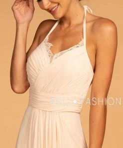 Long V-Neck Pleated Dress With Lace Details By Elizabeth K GL2606 Prom
