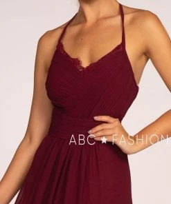 Long V-Neck Pleated Dress With Lace Details By Elizabeth K GL2606 Prom