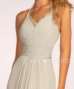 Long V-Neck Pleated Dress With Lace Details By Elizabeth K GL2606 Prom