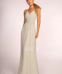 Long V-Neck Pleated Dress With Lace Details By Elizabeth K GL2606 Prom