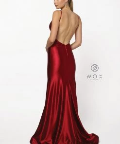 Satin Long V-Neck Dress With Open Back By Nox Anabel C227