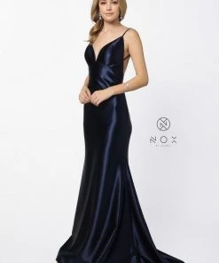 Satin Long V-Neck Dress With Open Back By Nox Anabel C227