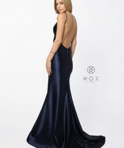Satin Long V-Neck Dress With Open Back By Nox Anabel C227