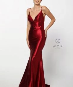 Satin Long V-Neck Dress With Open Back By Nox Anabel C227