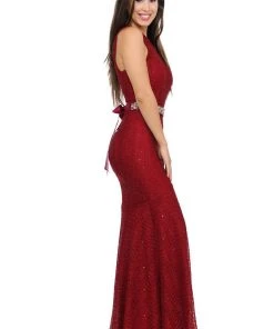 Prom Magenta Long Lace Mermaid Dress With Back Bow By Lenovia