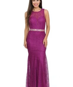 Prom Magenta Long Lace Mermaid Dress With Back Bow By Lenovia