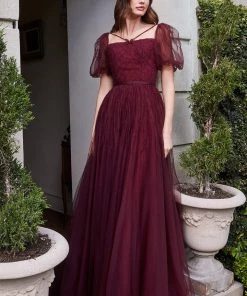 Maroon Puff Sleeve Gown By Cinderella Divine B712 Prom