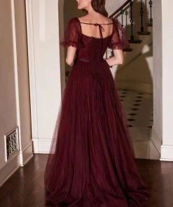 Maroon Puff Sleeve Gown By Cinderella Divine B712 Prom