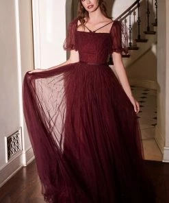 Maroon Puff Sleeve Gown By Cinderella Divine B712 Prom