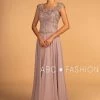 Mauve Long Cap Sleeve Dress With Jeweled Bodice By Elizabeth K GL2523