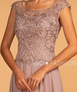 Mauve Long Cap Sleeve Dress With Jeweled Bodice By Elizabeth K GL2523