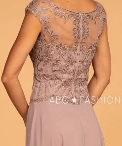 Mauve Long Cap Sleeve Dress With Jeweled Bodice By Elizabeth K GL2523