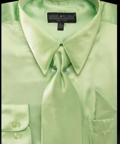 Daniel Ellissa Men's Apple Green Satin Dress Shirt With Tie & Handkerchief