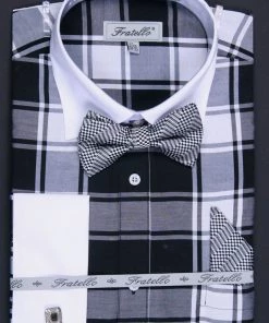ABC Fashion Men's Black/White Plaid Dress Shirts With Bow Tie, Hanky, Cuff Links