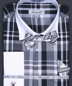 ABC Fashion Men's Black/White Plaid Dress Shirts With Bow Tie, Hanky, Cuff Links