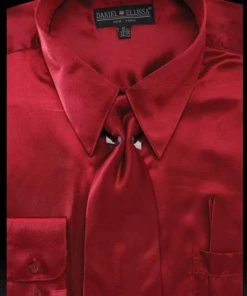Daniel Ellissa Men's Burgundy Satin Dress Shirt With Tie & Handkerchief
