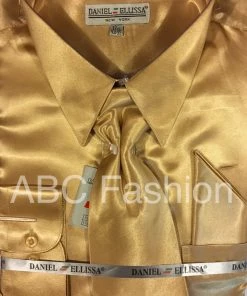 Daniel Ellissa Men's Gold Taupe Satin Dress Shirt With Tie & Handkerchief