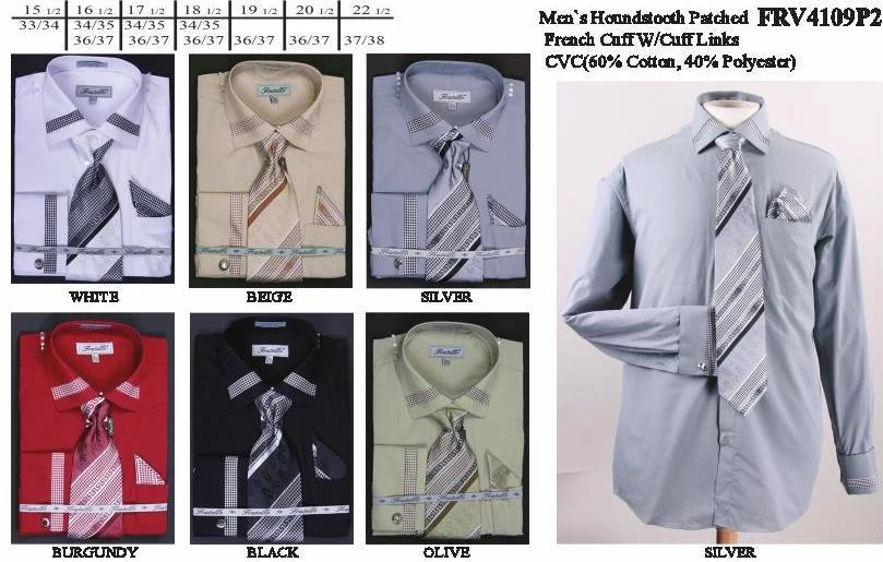Fratello Men's Houndstooth Patched Dress Shirts With Tie, Hanky, Cuff Links 9 Fratello Men's Houndstooth Patched Dress Shirts With Tie, Hanky, Cuff Links