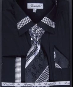 Fratello Men's Houndstooth Patched Dress Shirts With Tie, Hanky, Cuff Links