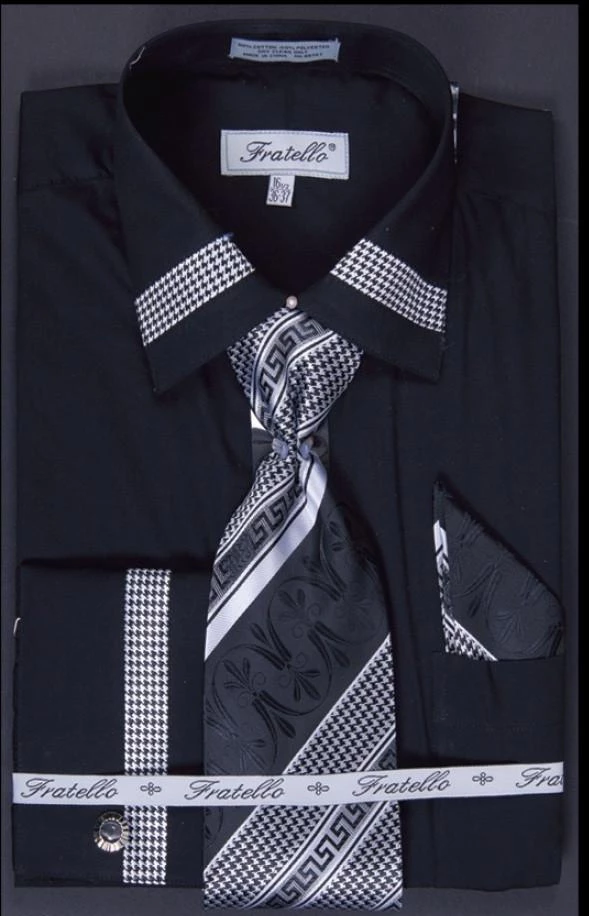 Fratello Men's Houndstooth Patched Dress Shirts With Tie, Hanky, Cuff Links 4 Fratello Men's Houndstooth Patched Dress Shirts With Tie, Hanky, Cuff Links