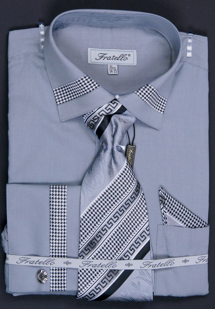 Fratello Men's Houndstooth Patched Dress Shirts With Tie, Hanky, Cuff Links 7 Fratello Men's Houndstooth Patched Dress Shirts With Tie, Hanky, Cuff Links