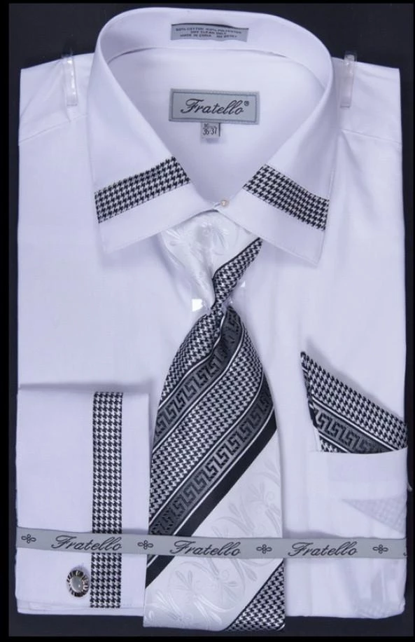 Fratello Men's Houndstooth Patched Dress Shirts With Tie, Hanky, Cuff Links 5 Fratello Men's Houndstooth Patched Dress Shirts With Tie, Hanky, Cuff Links
