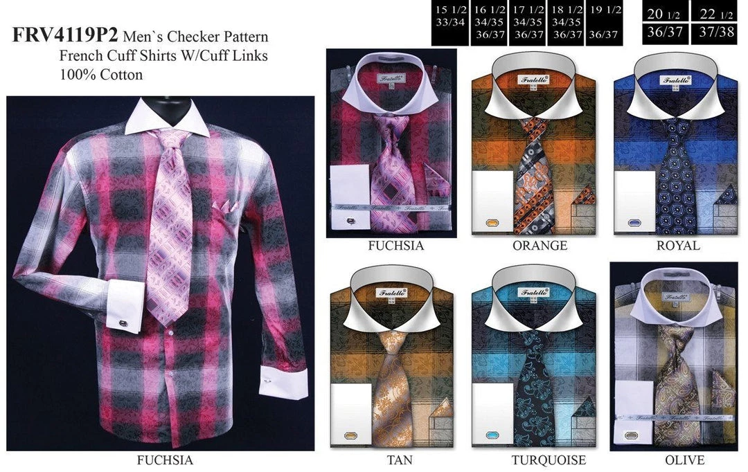 Fratello Men's Large Plaid Pattern Dress Shirts With Tie, Hanky, Cufflinks 4 Fratello Men's Large Plaid Pattern Dress Shirts With Tie, Hanky, Cufflinks